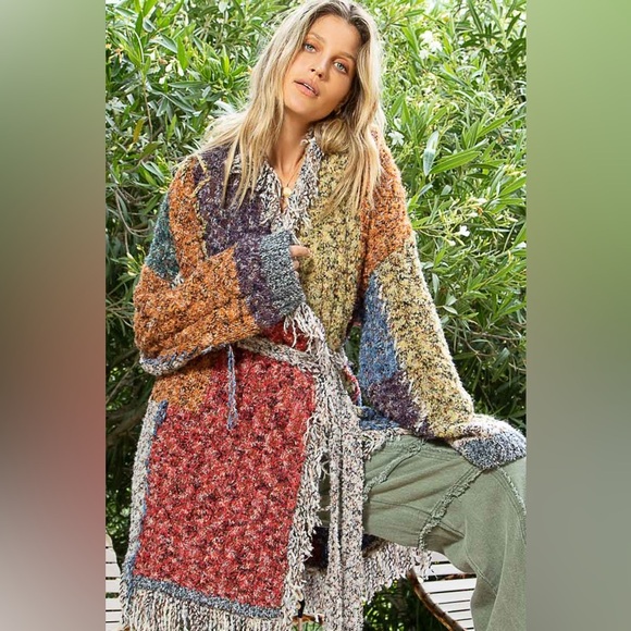 POL Women's Cream Tweed Wrap Cardigan Duster Bohemian Long Sleeve Fringe NWOT - Picture 2 of 9